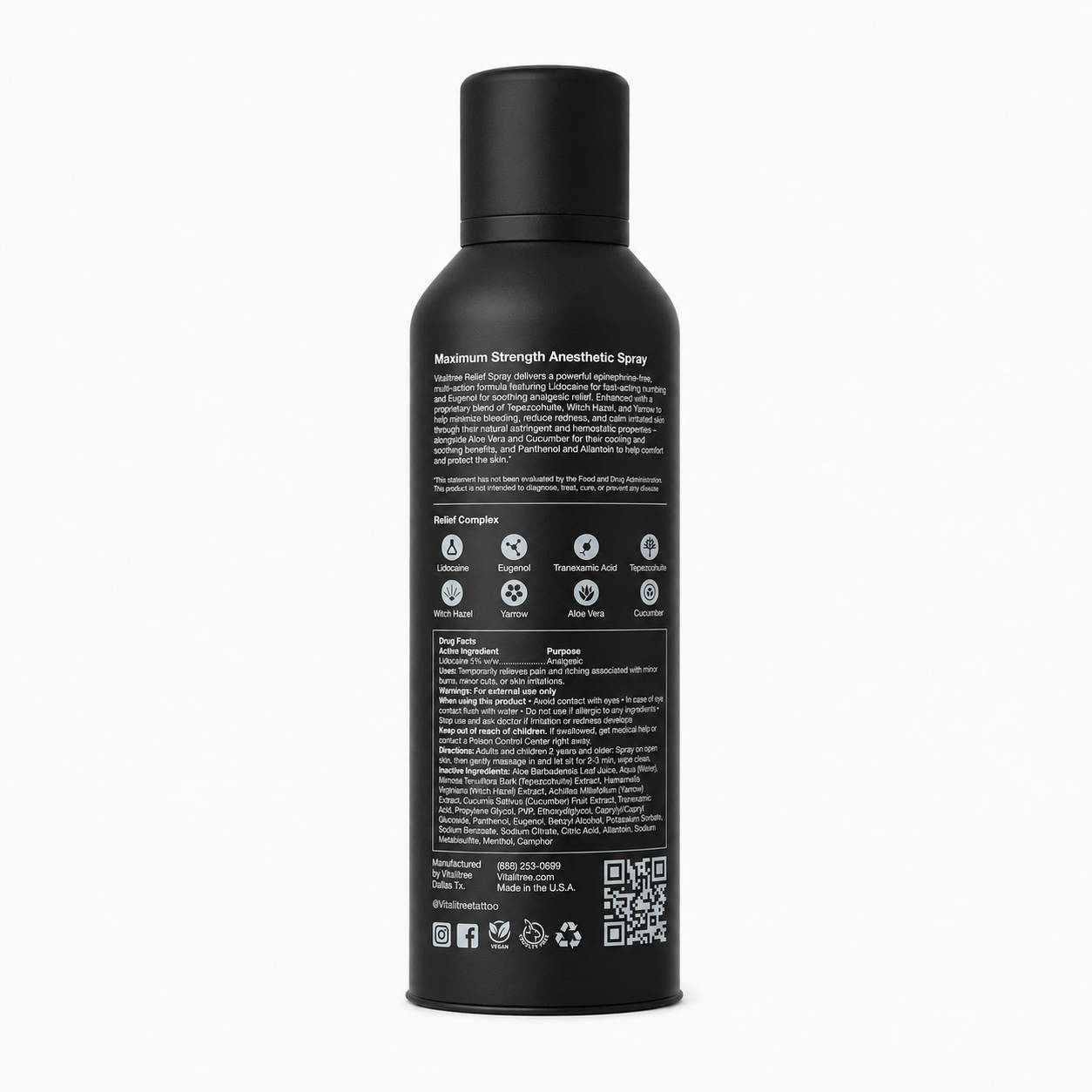 Back label of VitaliTree Pro Series Relief Spray listing Relief Complex ingredients and Drug Facts panel