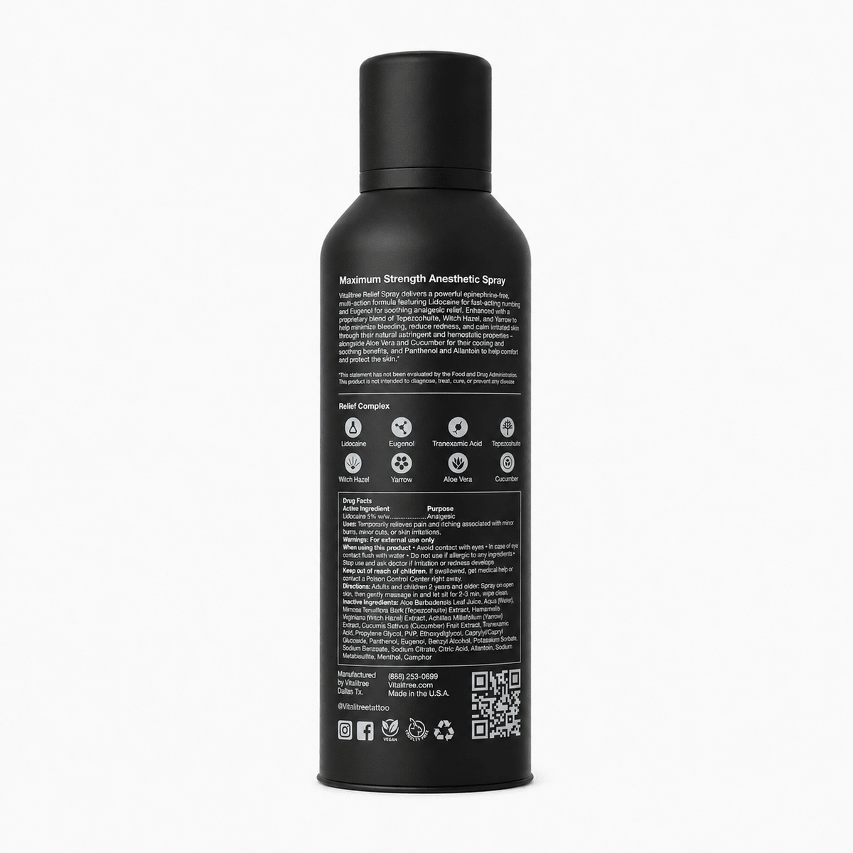 Back label of VitaliTree Pro Series Relief Spray listing Relief Complex ingredients and Drug Facts panel