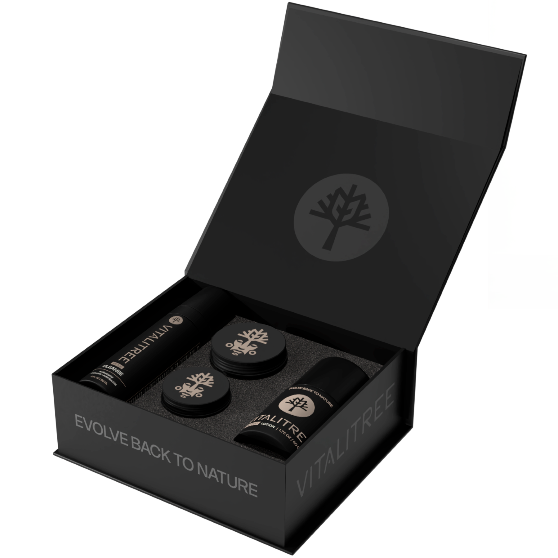 VitaliTree Tattoo Care Kit open showing cleanse, salve, and lotion components
