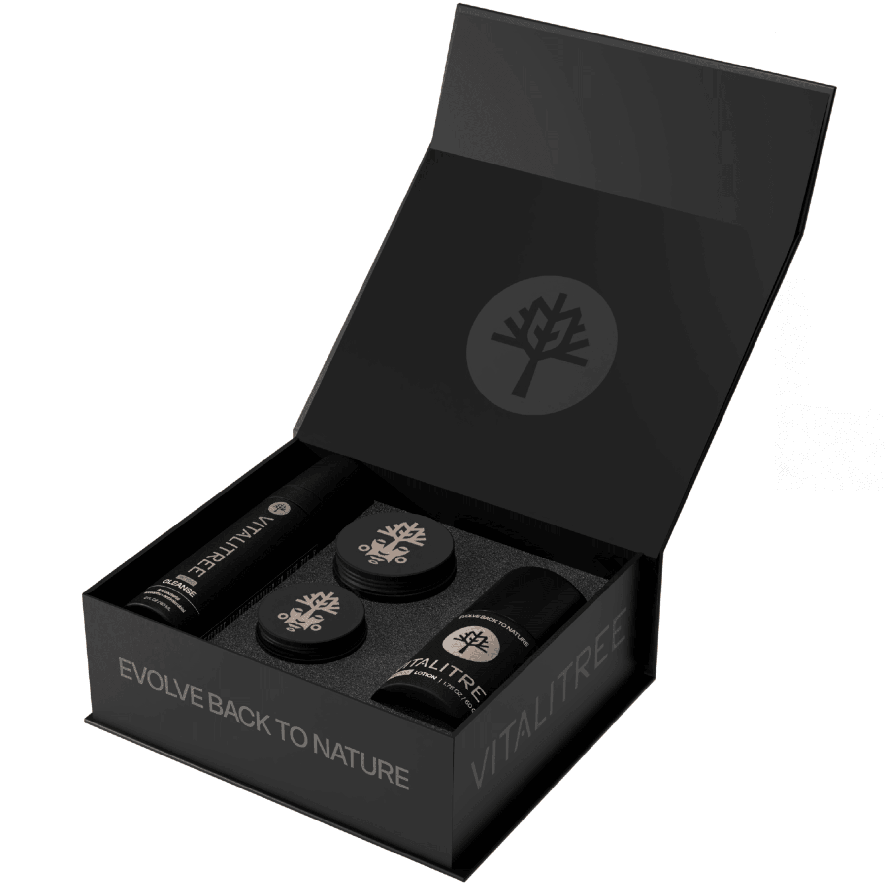 VitaliTree Tattoo Care Kit open showing cleanse, salve, and lotion components