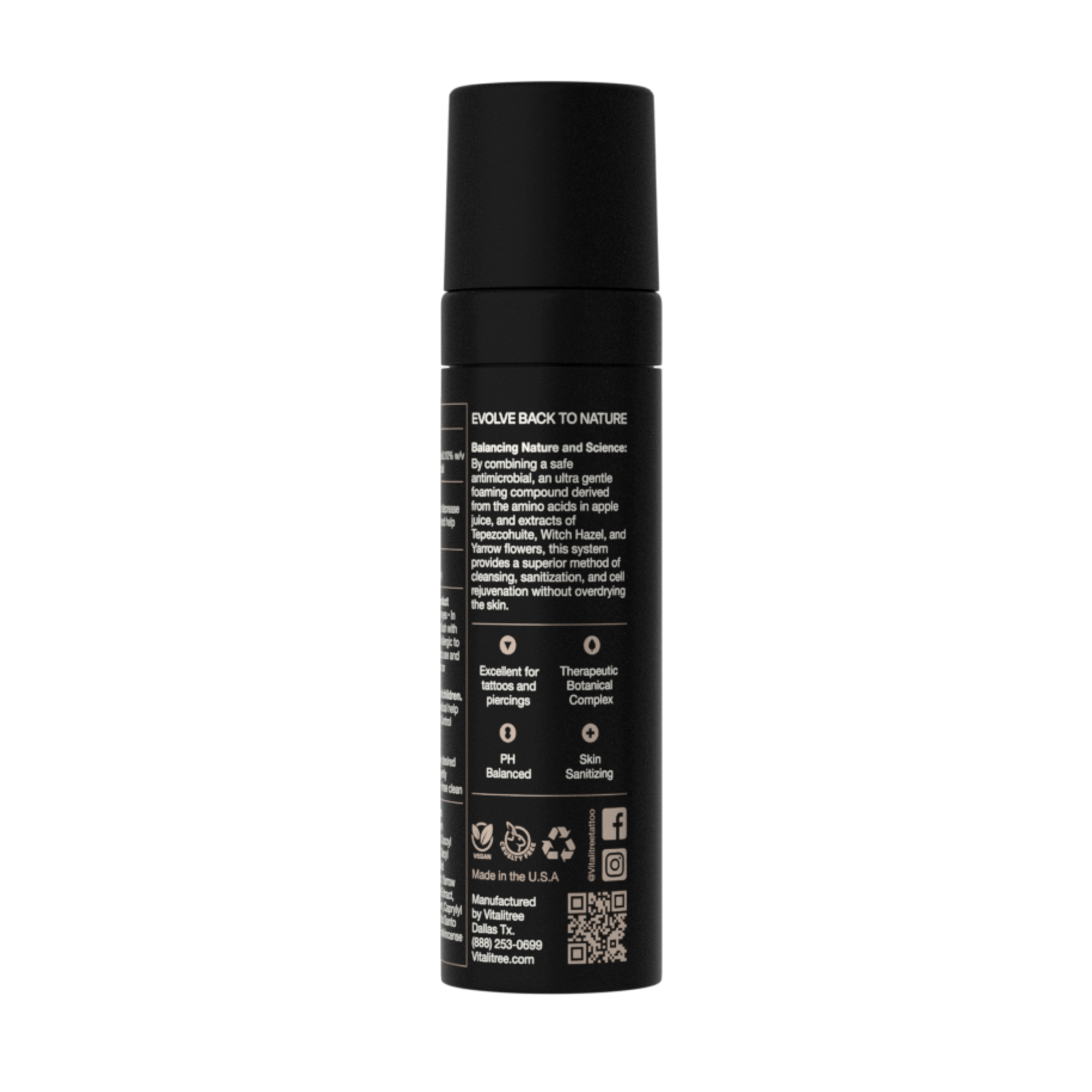 Back label of VitaliTree 7oz vegan antibacterial tattoo cleanse with tepezcohuite and witch hazel for gentle aftercare