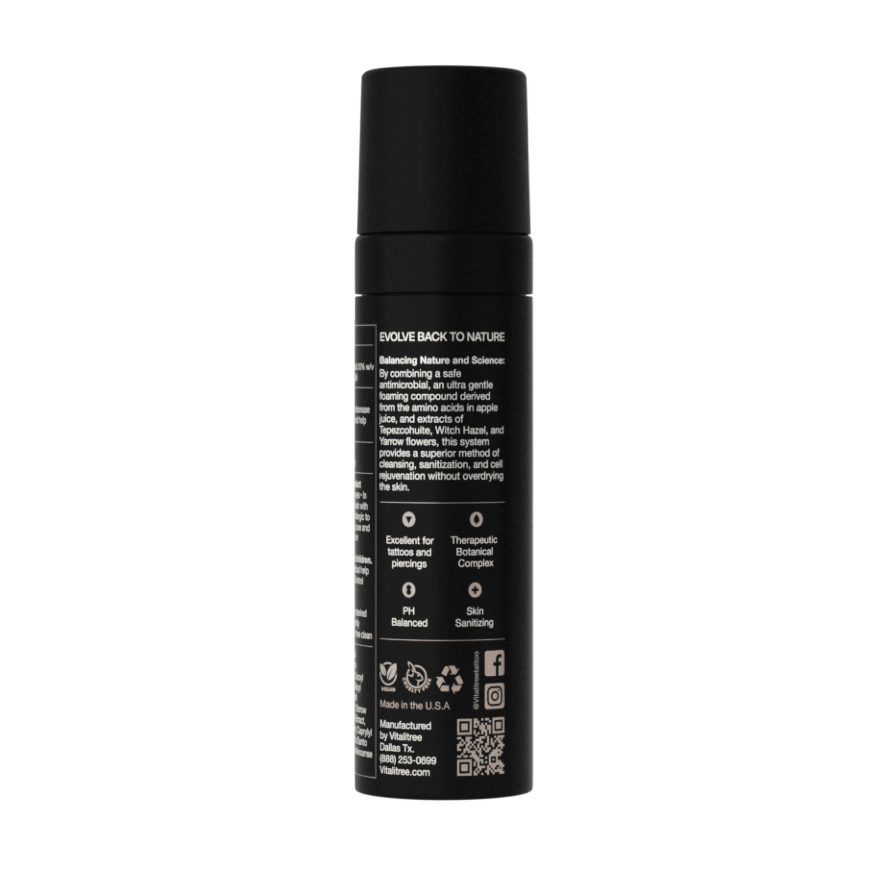 Back label of VitaliTree 7oz vegan antibacterial tattoo cleanse with tepezcohuite and witch hazel for gentle aftercare