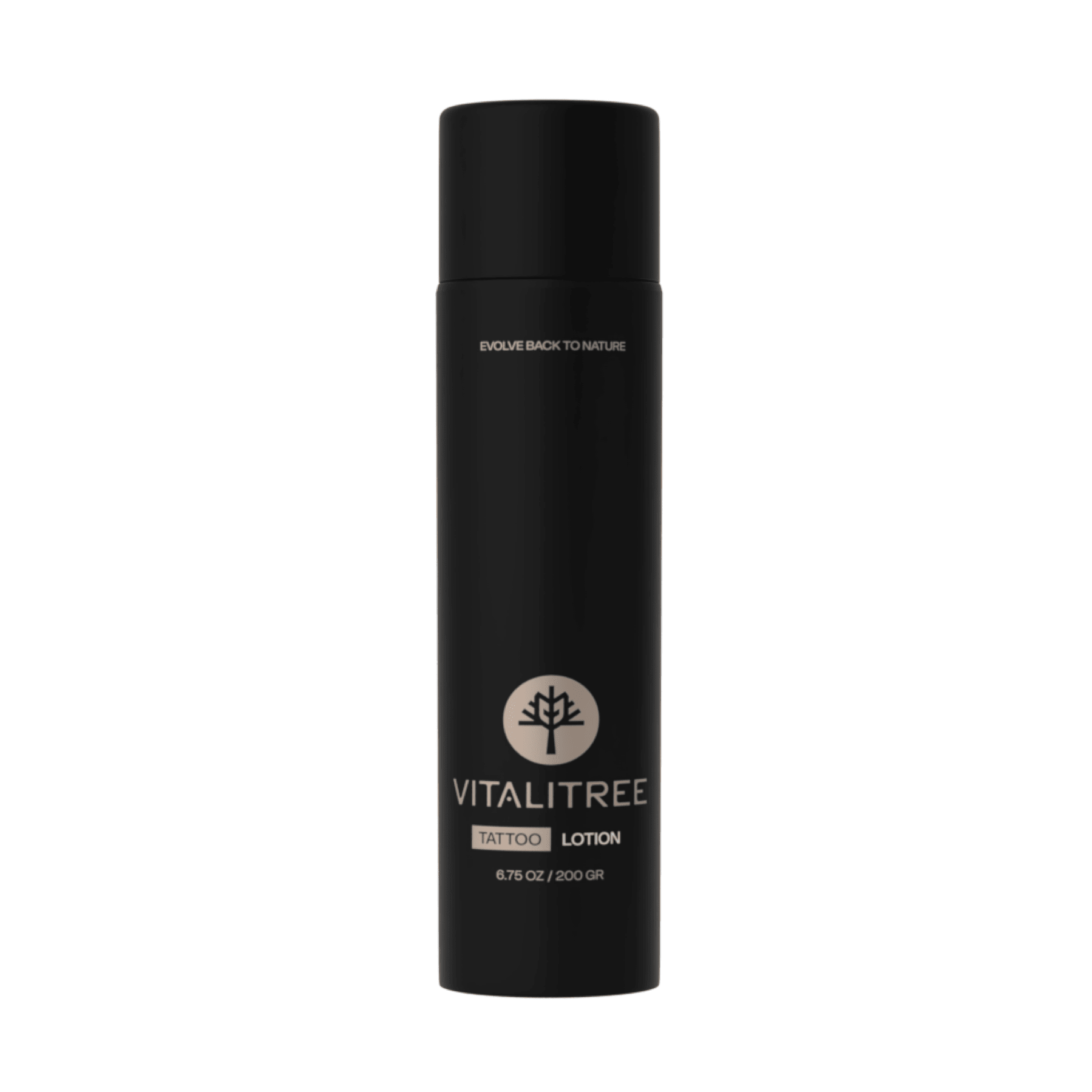 Front view of VitaliTree 6.75oz vegan botanical tattoo lotion with tepezcohuite, oat, and yarrow for healed ink moisture