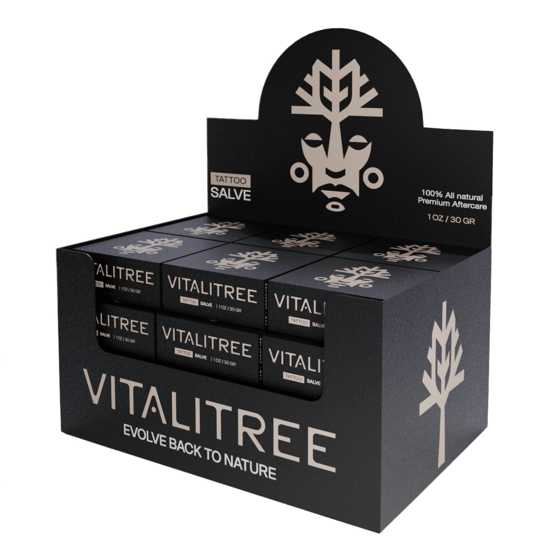 VitaliTree 1oz travel vegan tattoo salves with tepezcohuite and calendula for on-the-go healing. A case of 24