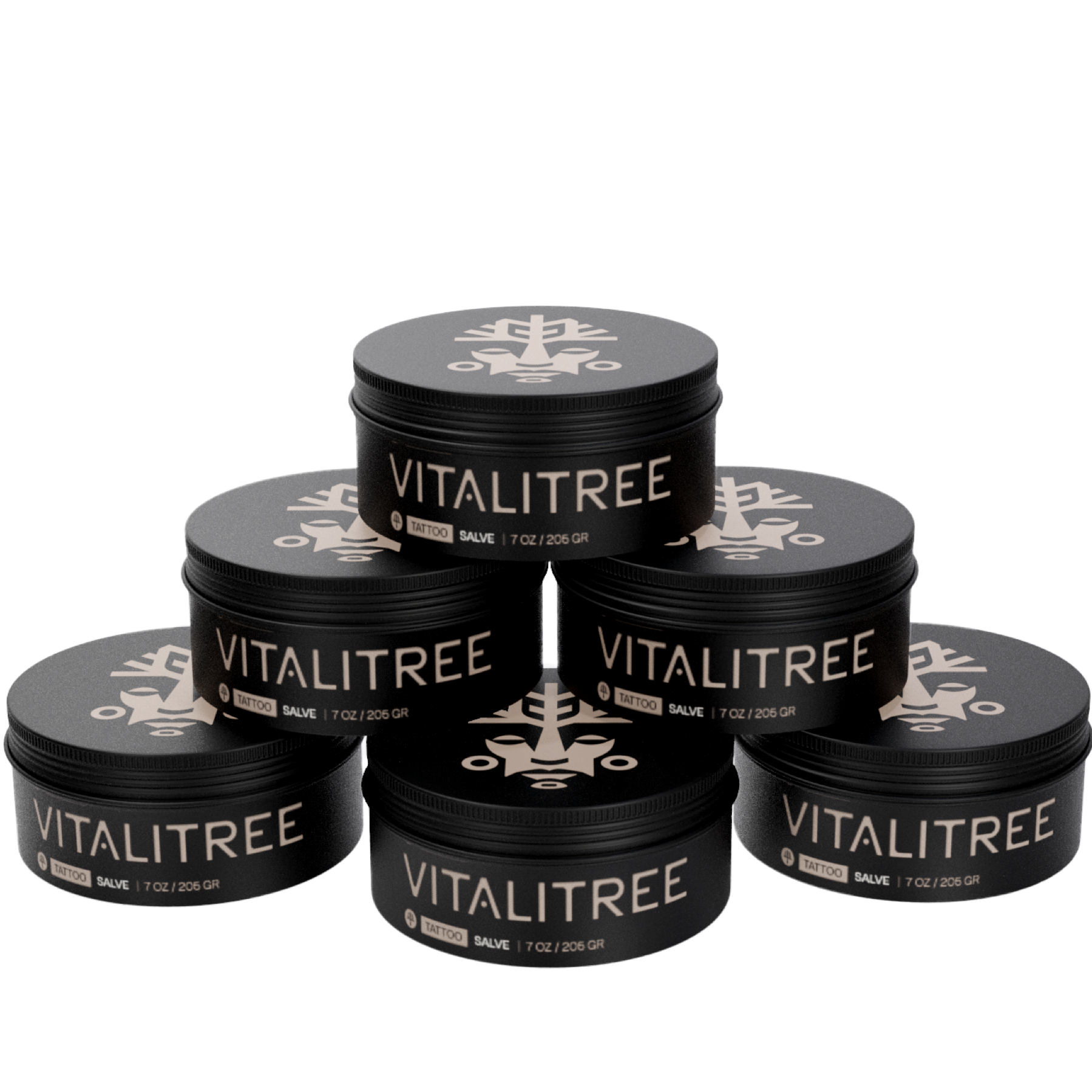 Six VitaliTree 7oz vegan tattoo salves with tepezcohuite, calendula, and shea butter for healing and artist glide