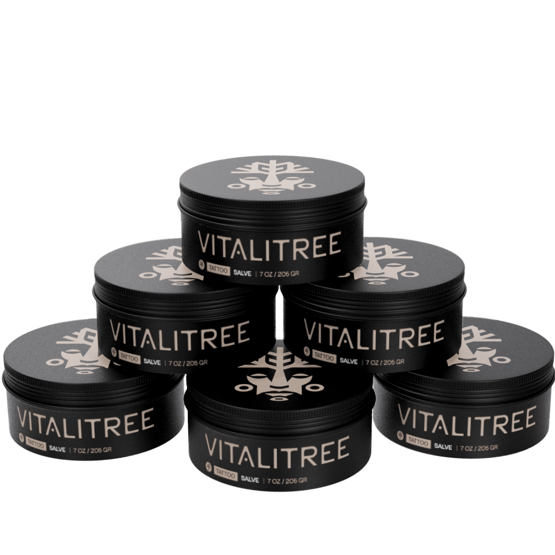 Six VitaliTree 7oz vegan tattoo salves with tepezcohuite, calendula, and shea butter for healing and artist glide