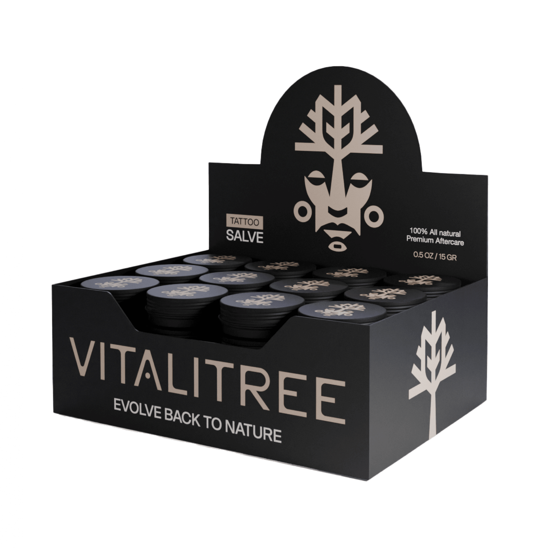 A case of 48 VitaliTree tiny 1/2oz vegan tattoo salves with tepezcohuite, calendula, and shea butter for healing and artist glide