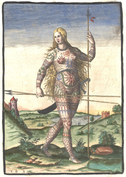Historical illustration of a Pictish woman with traditional body tattoos

