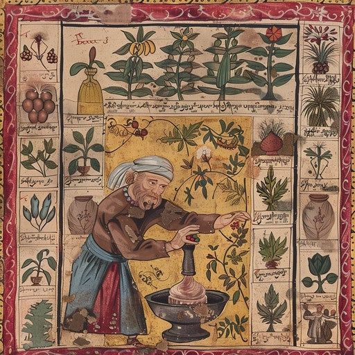 Ancient apothecary artwork depicting traditional herbal medicine and botanical healing

