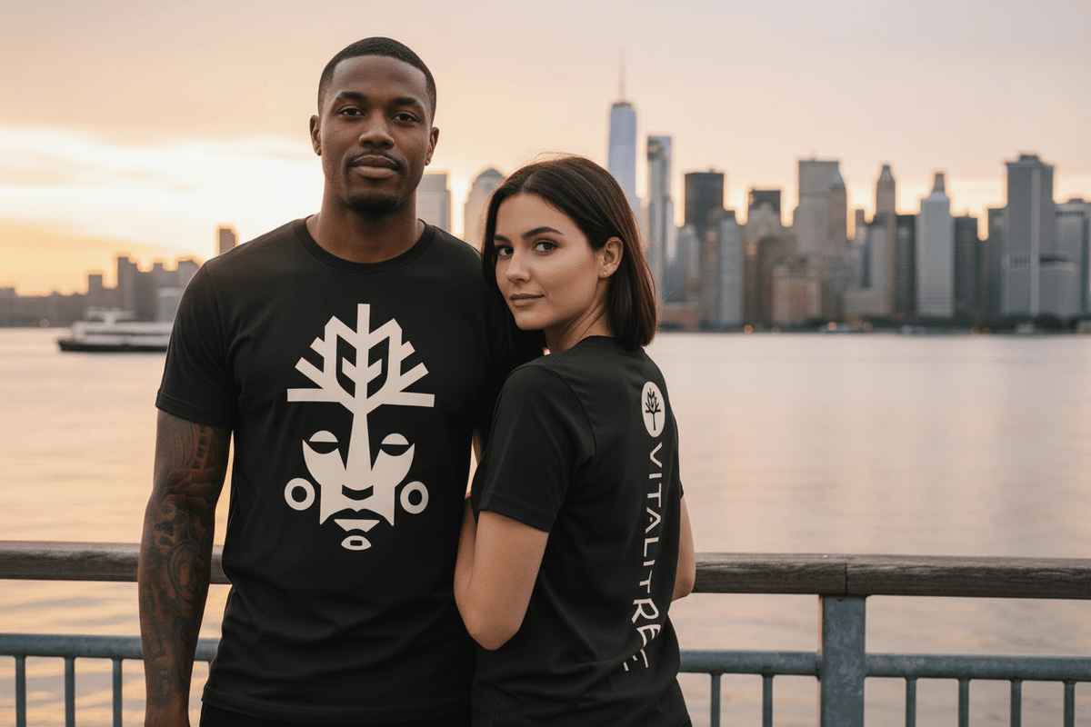 couple on waterfront wearing Vitalitree's unisex tshirt.
