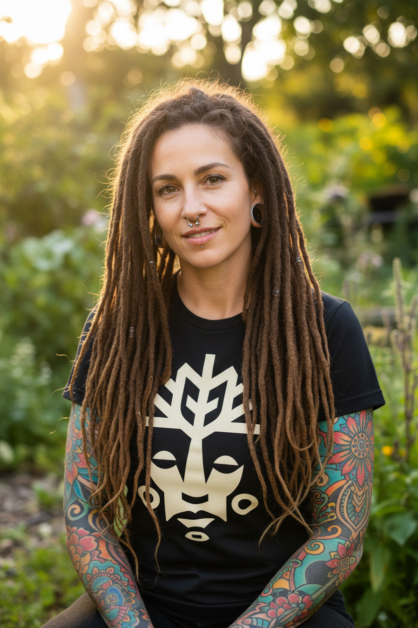 Dreadlocked woman in Vitalitree t-shirt, leaning forward  looking at the camera