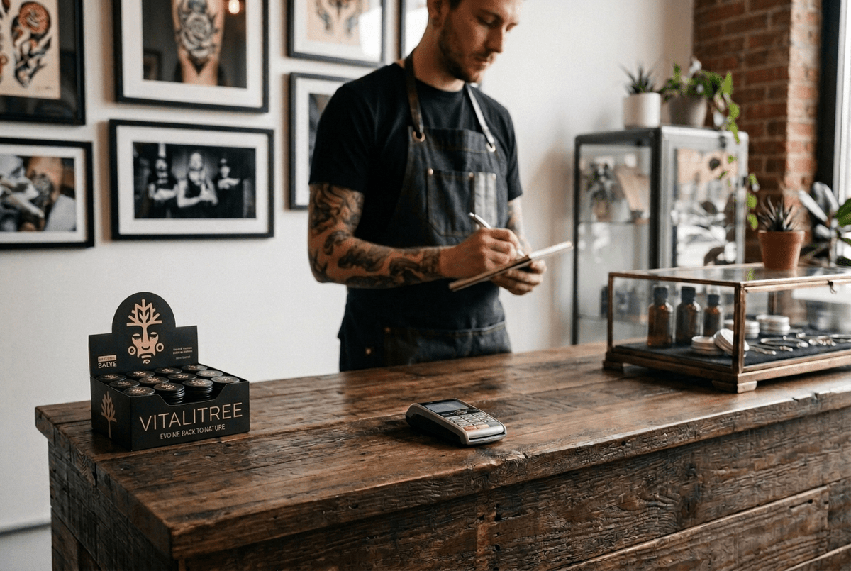 A case of 48 tiny Vitalitree Tattoo salves on counter top in tattoo studio.
