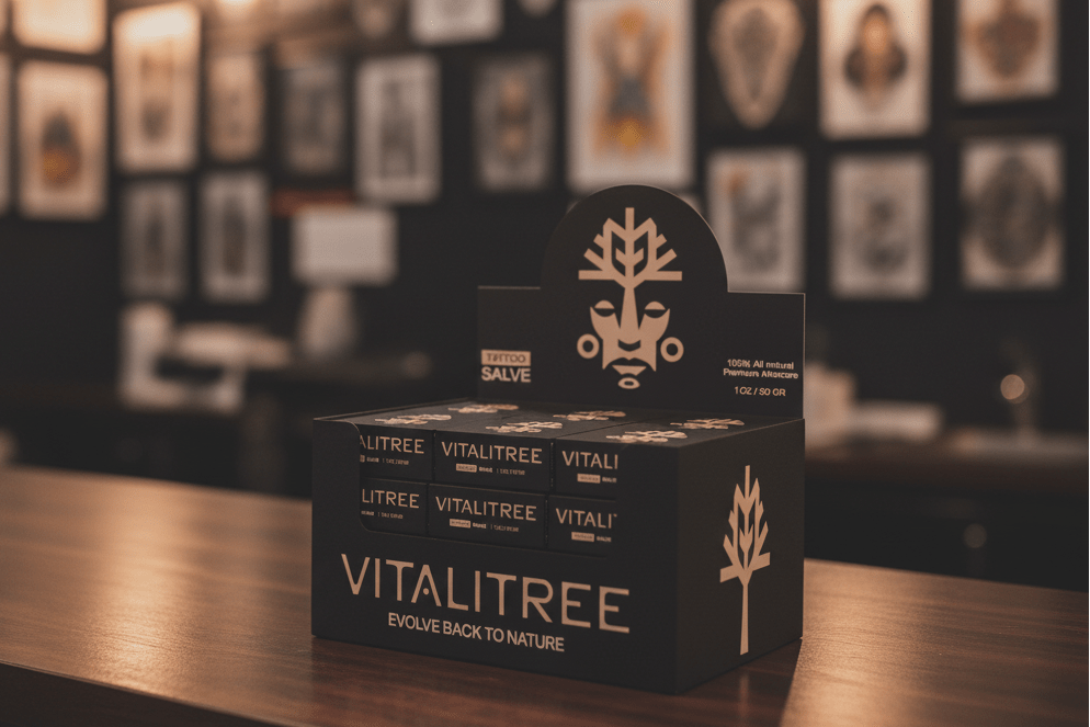A case of 24 Vitalitree tattoo salves in a tattoo studio setting. 
