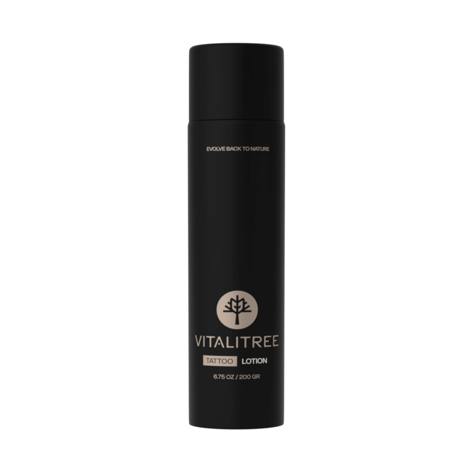 Front view of VitaliTree 6.75oz vegan botanical tattoo lotion with tepezcohuite, oat, and yarrow for healed ink moisture