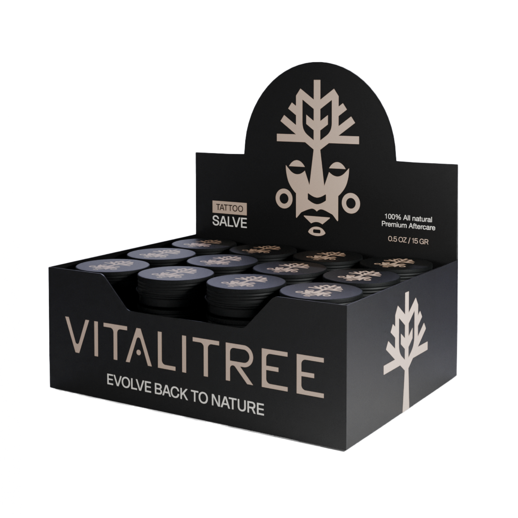A case of 48 VitaliTree tiny 1/2oz vegan tattoo salves with tepezcohuite, calendula, and shea butter for healing and artist glide
