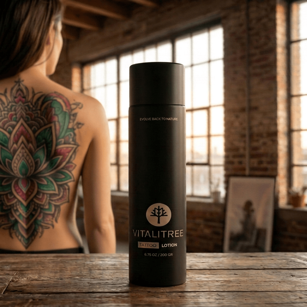 VitaliTree Large Tattoo Lotion bottle in focus with a woman behind it in NYC loft