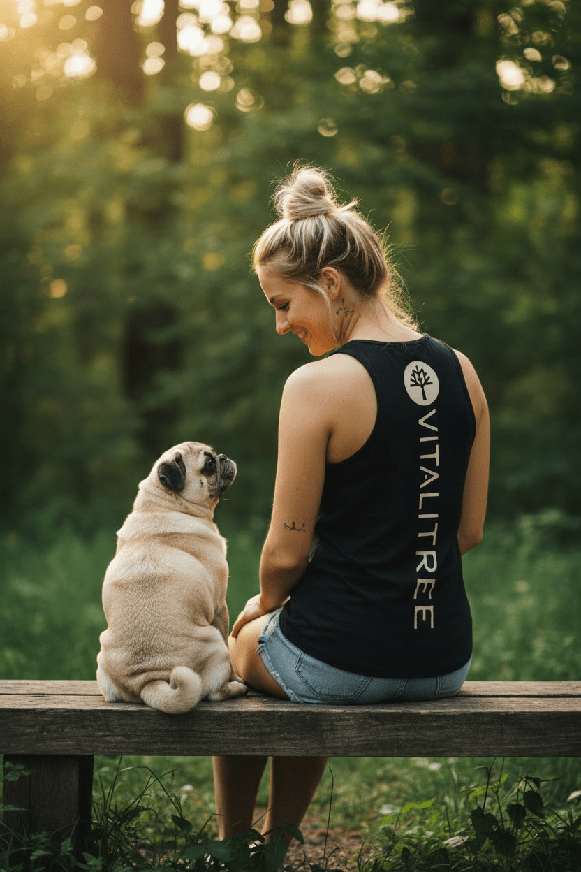Blonde woman with pug, side/back view, Vitalitree tank top
